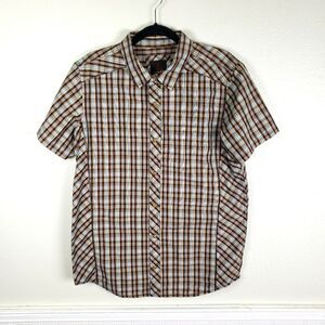 Men's Prana Brown Plaid Snap Button Down Shlort Sleeve Shirt Size Large
